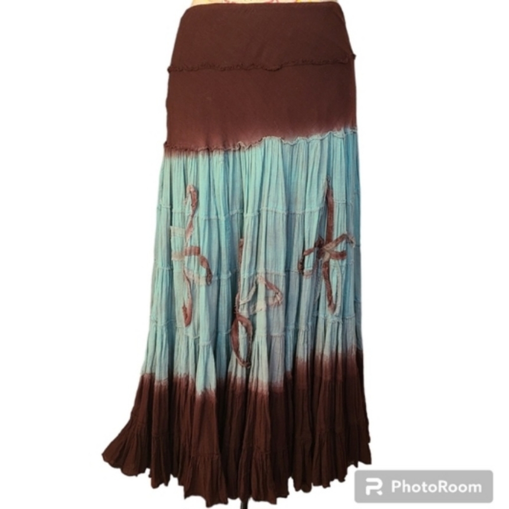 VINTAGE THE ORIGINAL Size Small Bohemian Brown Green Gauze Broomstick Maxi Skirt